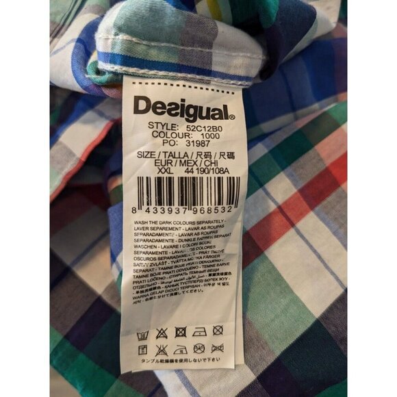 Desigual Art To Wear Button Up Shirt Mens XXL Blue Plaid Cotton Short Sleeve - Picture 9 of 11